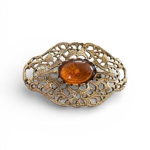 Czech Glass Gold Filigree Vintage Brooch - 2.25” x 1.5”